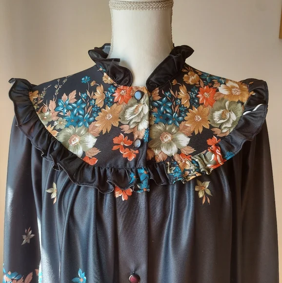 Vintage 70s M Floral Black Maxi Night Dress Jaudabar - Picture 4 of 10